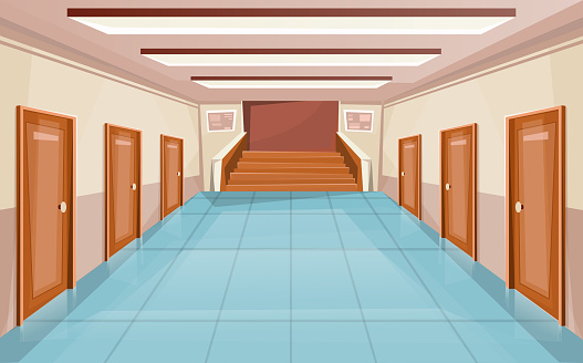 School corridor with doors and stair. University interior. Hallway in college or office building. Vector