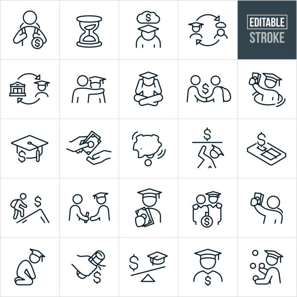 Student Debt Thin Line Icons - Editable Stroke A set of student debt icons that include editable strokes or outlines using the EPS vector file. The icons include students in debt, a student with backpack and a dollar sign, hour glass, depressed student, bank lending student money, person with arm around hopeless students shoulder, student in graduation cap with head in hands, student drowning in debt, graduation cap with dollar sign, person giving student money, piggy bank being emptied, mouse trap with dollar sign, diploma with dollar sign and other related student debt icons. borrowing stock illustrations