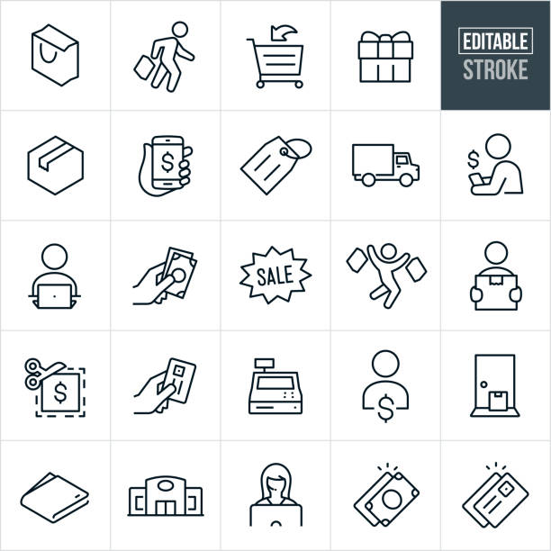 Shopping Thin Line Icons - Editable Stroke A set of shopping icons that include editable strokes or outlines using the EPS vector file. The icons include a shopping bag, shopper with a shopping bag, shopping cart, wrapped gift, package, online shopping from smartphone, price tag, delivery truck, person shopping online, person sitting at computer, hand holding cash, sale sign, shopper jumping for joy while holding shopping bags, customer holding package, coupon, hand holding credit card, cash register, package on doorstep, wallet, retail store, customer service representative, dollar bills, credit card and others. e commerce paying buying sale stock illustrations