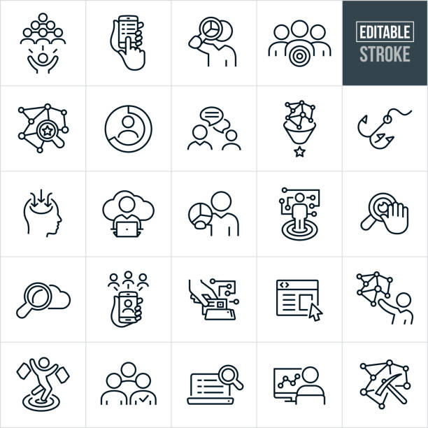 Data Collection Thin Line Icons - Editable Stroke A set of data collection icons. The icons have editable strokes or outlines when using the vector file format. The icons include business people analyzing data, business person collecting data, web search, target market, network, customers, online chat, customer behavior, person shopping, data collection, cloud computing, businessman holding pie chart, web security, social network, web page, information capture, data mining, statistics and other related icons. digital price stock illustrations