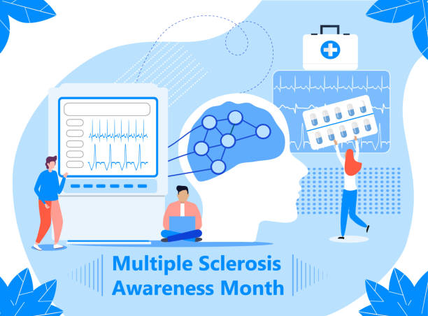 ilustrações de stock, clip art, desenhos animados e ícones de multiple sclerosis awareness month event in march. anatomical science of brain and senses diseases for website. tiny doctors treat sclerotic. - brain mri scan alzheimers disease medical scan