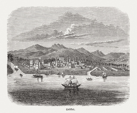 Historical view from the 16th century of the Indian city Kozhikode, also known as Calicut. During classical antiquity and the Middle Ages, Kozhikode was dubbed the City of Spices for its role as the major trading point of Indian spices. Wood engraving, published in 1888.