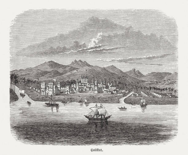Historical view of the Indian city Kozhikode (Calicut), 16th century Historical view from the 16th century of the Indian city Kozhikode, also known as Calicut. During classical antiquity and the Middle Ages, Kozhikode was dubbed the City of Spices for its role as the major trading point of Indian spices. Wood engraving, published in 1888. old indian stock illustrations