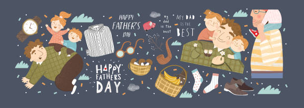 Happy Father`s day! Vector cute illustration of father plays with kids, children hug daddy, quote my dad is the best; shirt, socks and gifts isolated objects. Drawings for card, poster, postcard Happy Father`s day! Vector cute illustration of father plays with kids, children hug daddy, quote my dad is the best; shirt, socks and gifts isolated objects. Drawings for card, poster, postcard funny fathers day stock illustrations