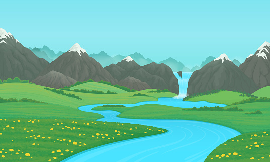 Summer landscape with green meadows, river and snow covered mountains with waterfall. Cartoon vector illustration, card, country background, farming banner template.