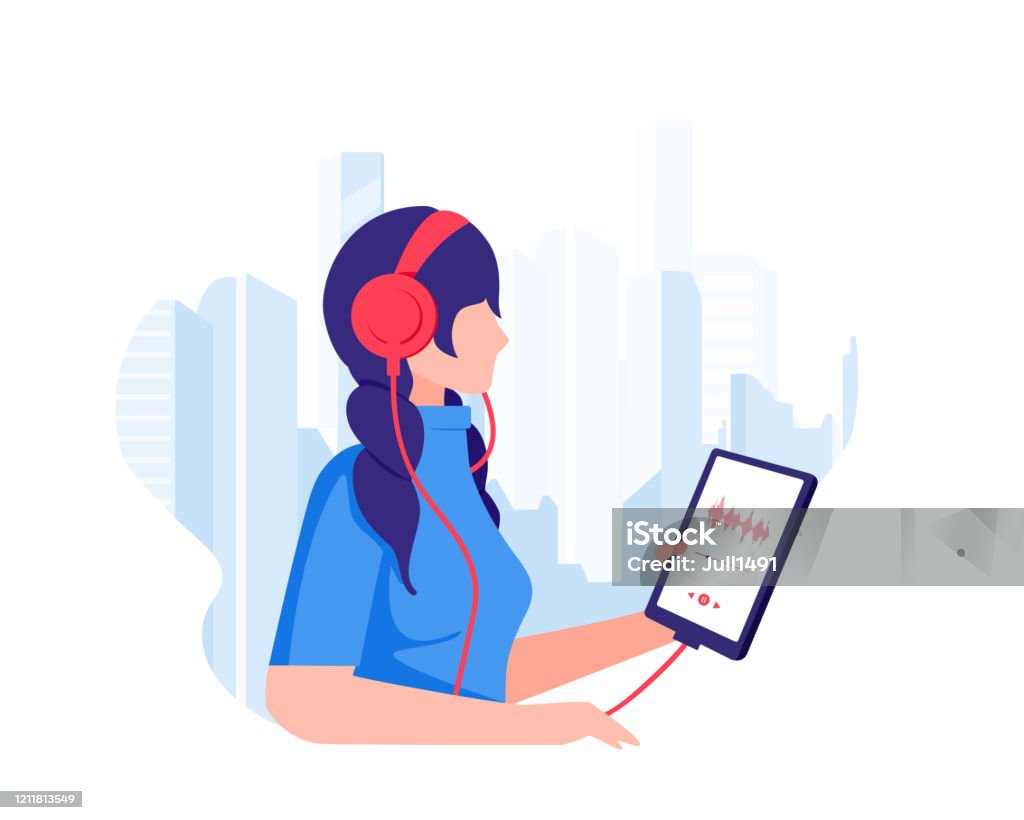 The girl walks through the metropolis and listens to music with headphones and holds a tablet with a playlist in her hands. The girl walks through the metropolis and listens to music with headphones and holds a tablet with a playlist in her hands. Urban scene modern life. Listening to audiobooks. Flat design Vector eps10 Podcasting stock vector