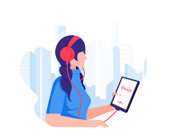The girl walks through the metropolis and listens to music with headphones and holds a tablet with a playlist in her hands. The girl walks through the metropolis and listens to music with headphones and holds a tablet with a playlist in her hands. Urban scene modern life. Listening to audiobooks. Flat design Vector eps10 podcasting illustrations stock illustrations