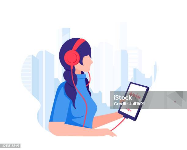 The Girl Walks Through The Metropolis And Listens To Music With Headphones And Holds A Tablet With A Playlist In Her Hands Stock Illustration - Download Image Now