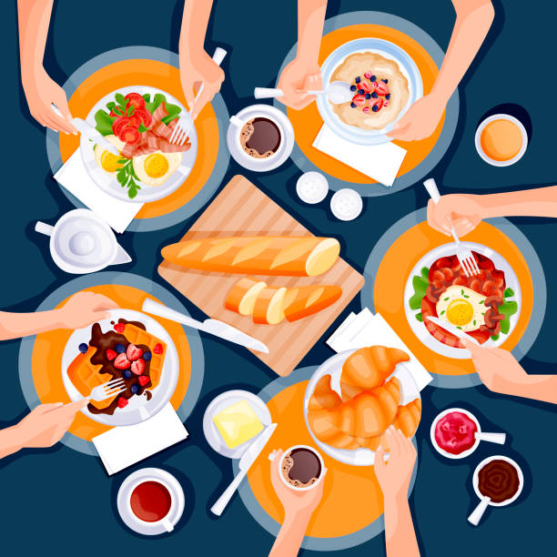 사람들은 아침 식사를 합니다. 브런치 식사의 상단보기 평면 만화 그림. 아침 음식 메뉴 디자인 요소 - waffle sausage breakfast food stock illustrations