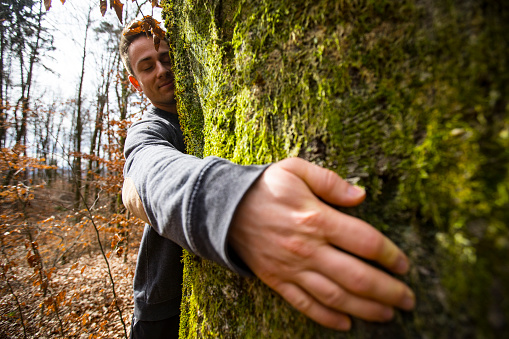 Young Adult Man Enjoying Hugging a Tree in Forest.