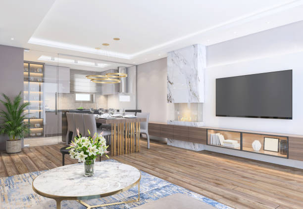 Sparse and modern home interior with fireplace and isolated kitchen