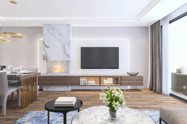 istock Sparse and modern living room interior with monitor for copy space 1211820364