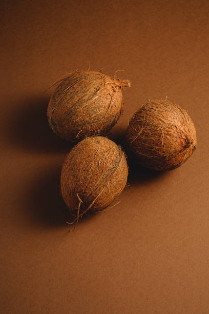 istock Three coconut fruits on vibrant brown plain background, tropical concept, angle view 1211820393