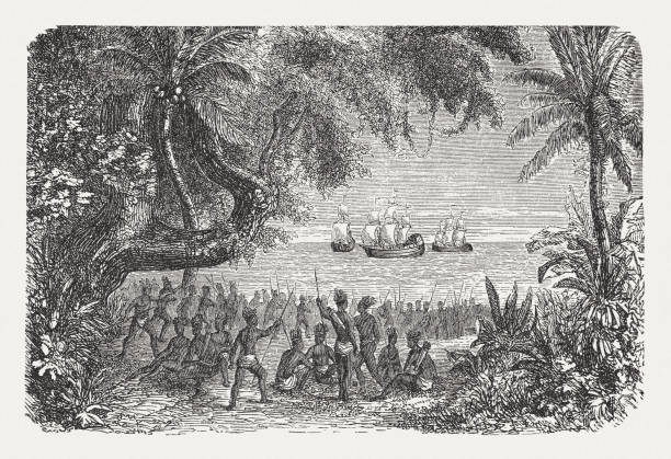 Europeans arrive on the American coast, wood engraving, published 1888 First encounters between the Europeans and the natives on the American coast. Wood engraving, published in 1888. christopher columbus stock illustrations