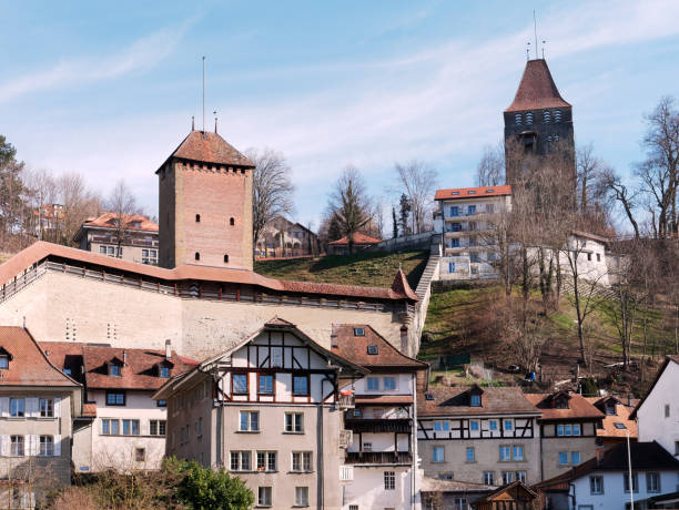 The Cats Tower and the Red Tower in Fribourg, Switzerland. The Cats Tower and the Red Tower in Fribourg, Switzerland. fribourg city switzerland stock pictures, royalty-free photos & images