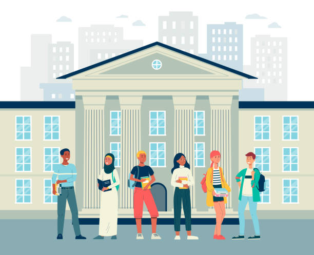Cityscape background with multicultural students, flat vector illustration. Cityscape background with educational institution building and diverse multicultural young people characters - university or college students, flat vector illustration. multi ethnic group college student group of people global communications stock illustrations