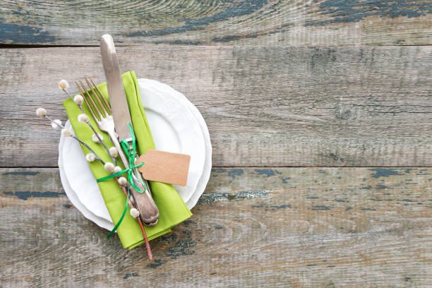 retro-style festive easter table setting - retro revival food easter napkin imagens e fotografias de stock