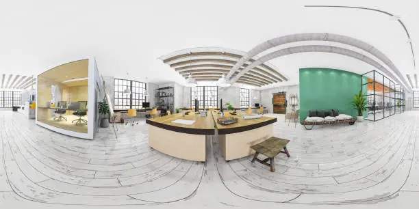 Contemporary open plan office interior in equirectangular view. Office desk and office chair, white parquet, pastel colored walls, work space, office cubicle and windows in the background. Template for copy space. Render.