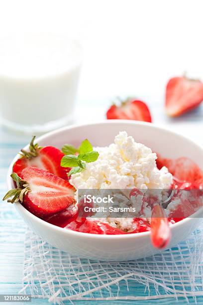 White Bowl Filled With Cottage Cheese And Strawberry Slices Stock Photo - Download Image Now