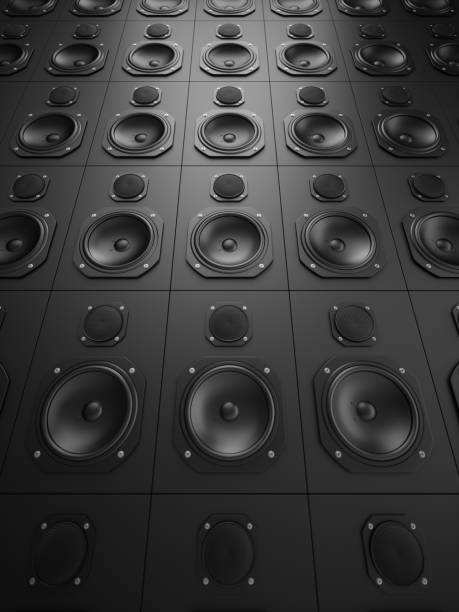 istock 3D rendering wall of speakers isolated on white background 1211830934