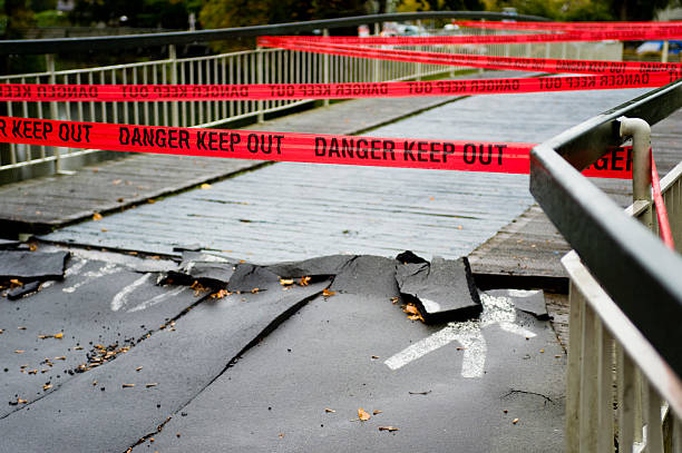 Dand Keep Out Red tape reading 'danger keep out' preventing people crossing a bridge. Taken in Christchurch after the earthquake which struck on 22nd February 2011. christchurch earthquake stock pictures, royalty-free photos & images