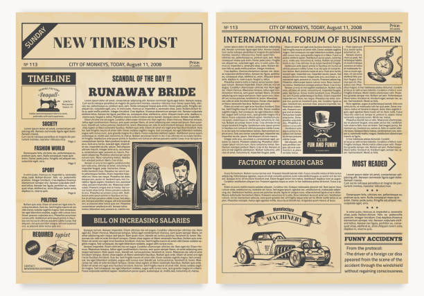 istock Vintage newspaper. Retro articles and old pictures with retro illustrations, realistic magazine pages template. Vector design 1211831825