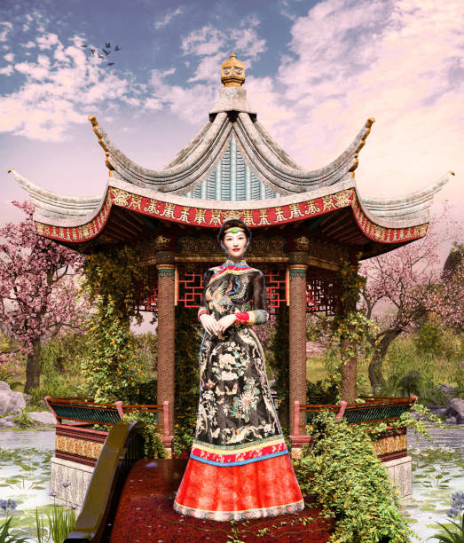 Beautiful Chinese Jade princess in an enchanting Asian classical garden and Chinese pavilion and pond, traditional landscaping, 3d render.