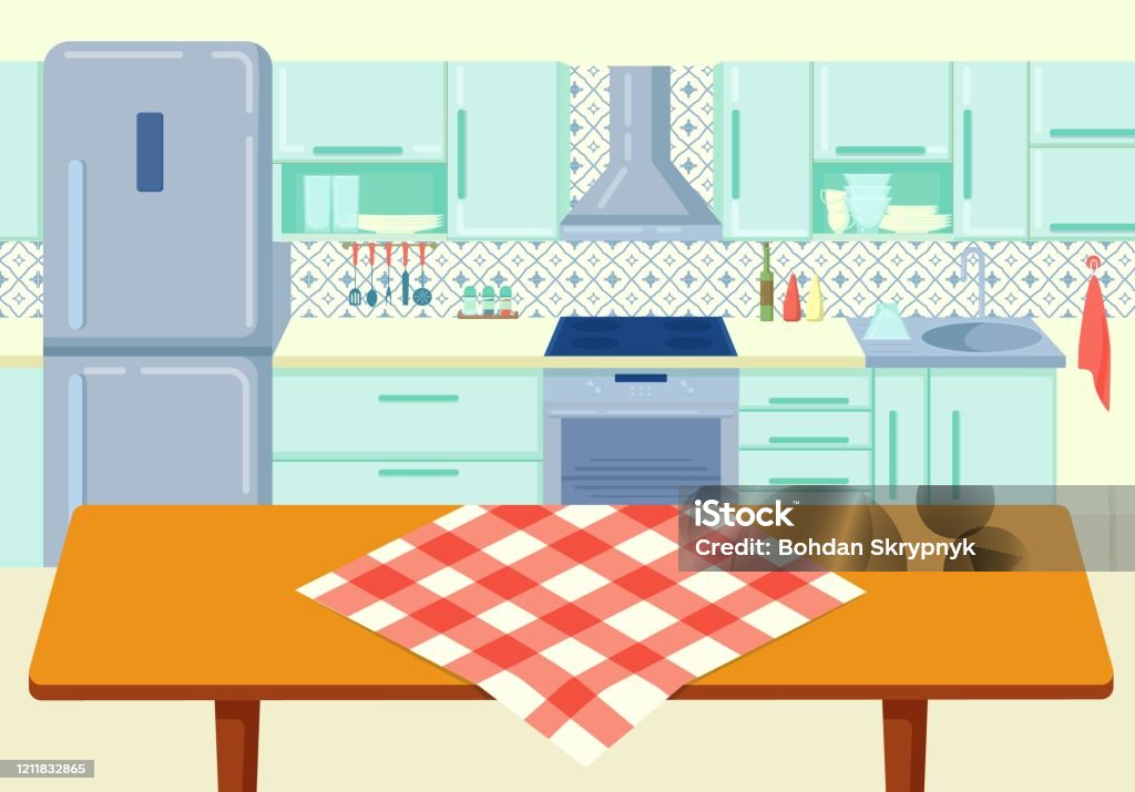 Ilustración de Mesa De Cocina De Madera De Dibujos Animados Con Mantel En La Ilustración Vectorial De Fondo De La Cocina y más Vectores Libres de Derechos de Cocina - Estructura de Ilustración de Mesa De Cocina De Madera De Dibujos Animados Con Mantel En La Ilustración Vectorial De Fondo De La Cocina y más Vectores Libres de Derechos de Cocina - Estructura de