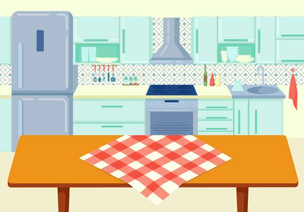 Cartoon wooden kitchen table with tablecloth at cuisine background vector illustration Cartoon wooden kitchen table with tablecloth at cuisine background vector illustration. Cozy home interior with household appliances, fridge, stove, exhaust hood for comfortable cooking and leisure chef backgrounds stock illustrations