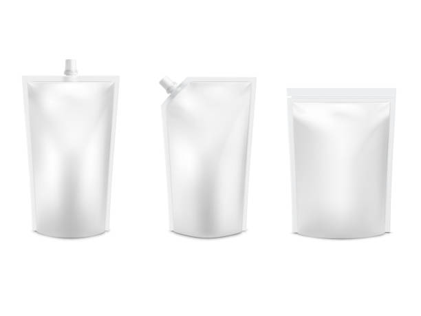 Realistic 3D White Blank Doy Pack Mock up set. Vector Doypack Template Packing with and without screw cap Realistic 3D White Blank Doy Pack Mock up set. Vector Doypack Template Packing with and without screw cap. Food Or Drink Bag Packaging Isolated On White Background. silver bottle cap stock illustrations