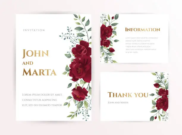 Vector illustration of wedding invitation card with red roses.
