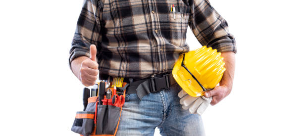 istock Electrician with tool belt on a white background. Electricity. 1211833989