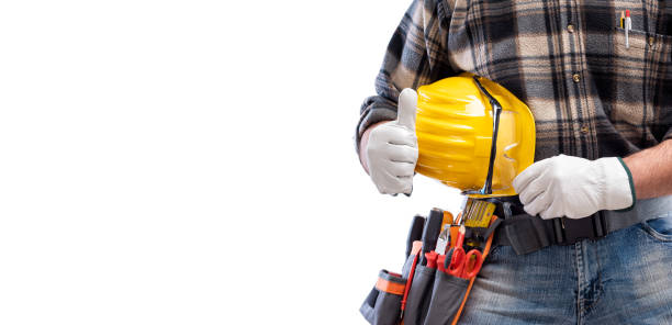 istock Electrician with tool belt on a white background. Electricity. 1211833992