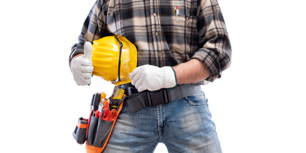 istock Electrician with tool belt on a white background. Electricity. 1211833997
