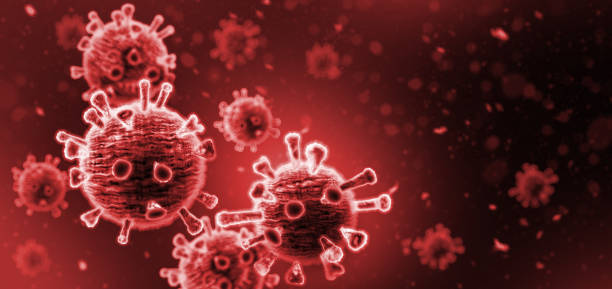 Virus Background with Copy Space Virus In Red Background - Microbiology And Virology Concept middle east respiratory syndrome stock pictures, royalty-free photos & images