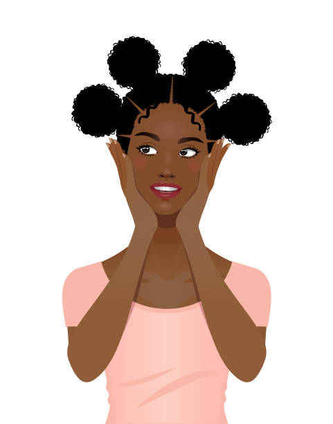 schwarze frau trägt eine ausgefallene frisur - women human hair african descent black stock-grafiken, -clipart, -cartoons und -symbole