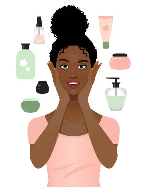 Vector illustration of Black woman skin care