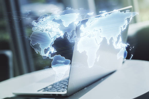 istock Multi exposure of abstract graphic world map on computer background, connection and communication concept 1211842984
