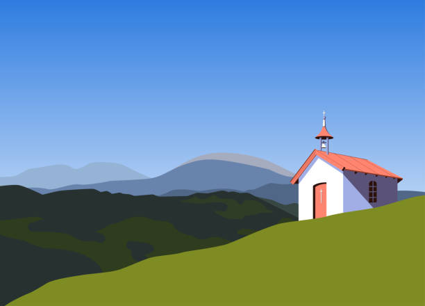 Small rural church in mountains flat color vector Small rural church in mountains flat vector. Worship village building minimalist style cartoon. Religion prayer chapel illustration. Christian building design element. Religious event baner template chapel illustrations stock illustrations