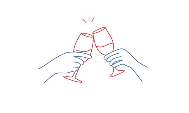 Hands holding glasses of red wine Hands holding glasses of red wine. Hand drawn vector illustration. cheers stock illustrations