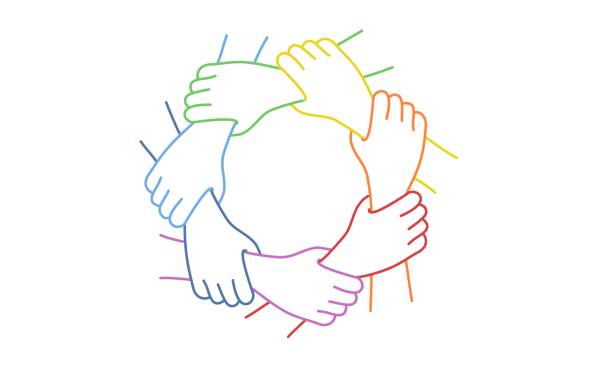 ilustrações de stock, clip art, desenhos animados e ícones de teamwork. seven united hands. - solidariedade