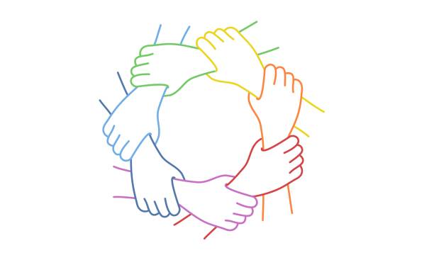 согласованная работа. семь объединенных рук. - human hand teamwork unity cooperation stock illustrations