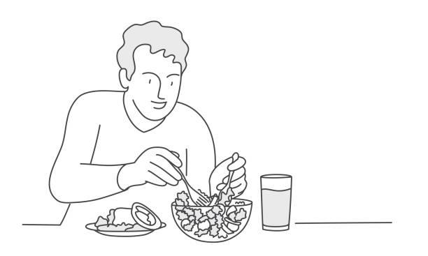 bildbanksillustrationer, clip art samt tecknat material och ikoner med man äter sallad - eating