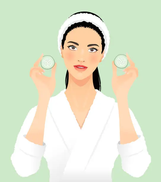 Vector illustration of Young woman with cucumber slices