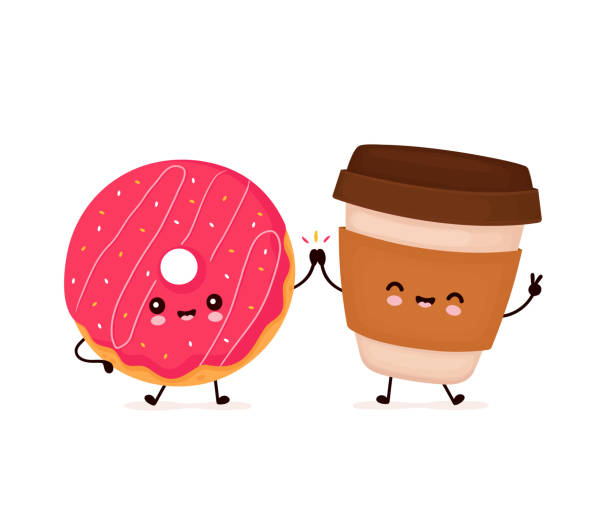 귀여운 행복 미소 도넛과 커피 컵 - donut stock illustrations