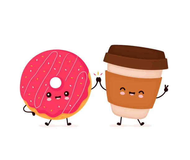 Cute happy smiling donut and coffee cup Cute happy smiling donut and coffee cup. Vector flat cartoon character illustration icon design.Isolated on white background. Donut,bakery menu concept donut stock illustrations