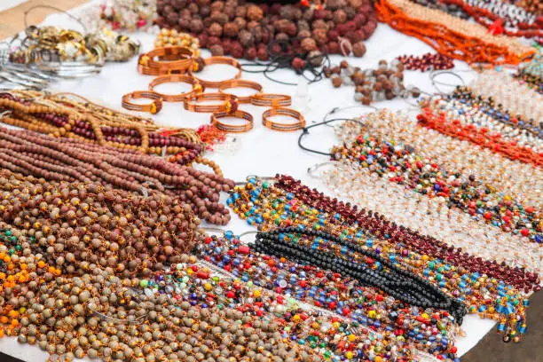 Photo of Holy Sacred Traditional Religious Cultural Colorful Ornamental Necklaces Garlands Or Mala Made Of Rudraksha And Pearls Worn By Devotees For Worship Of God In India