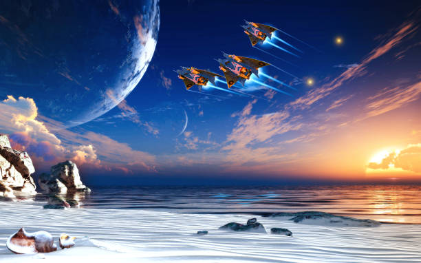 Futuristic sciFi battle space ships flying over the ocean of an alien planet, 3d render illustration.