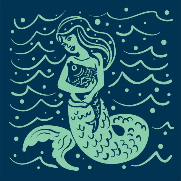 Vector illustration of Mermaid Hugging Her Pet Fish