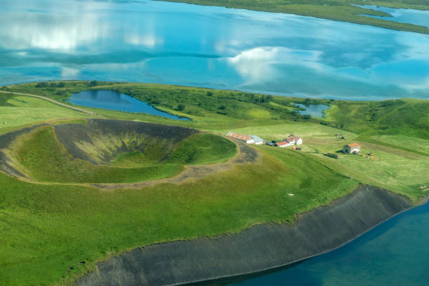 Volcanic craters in Iceland aerial view from above, Myvatn lake stock photo